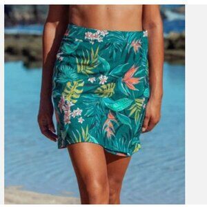 Rip Skirt Hawaii Tropical Green Monstera Floral Wrap Skirt Stretch 19in Size M